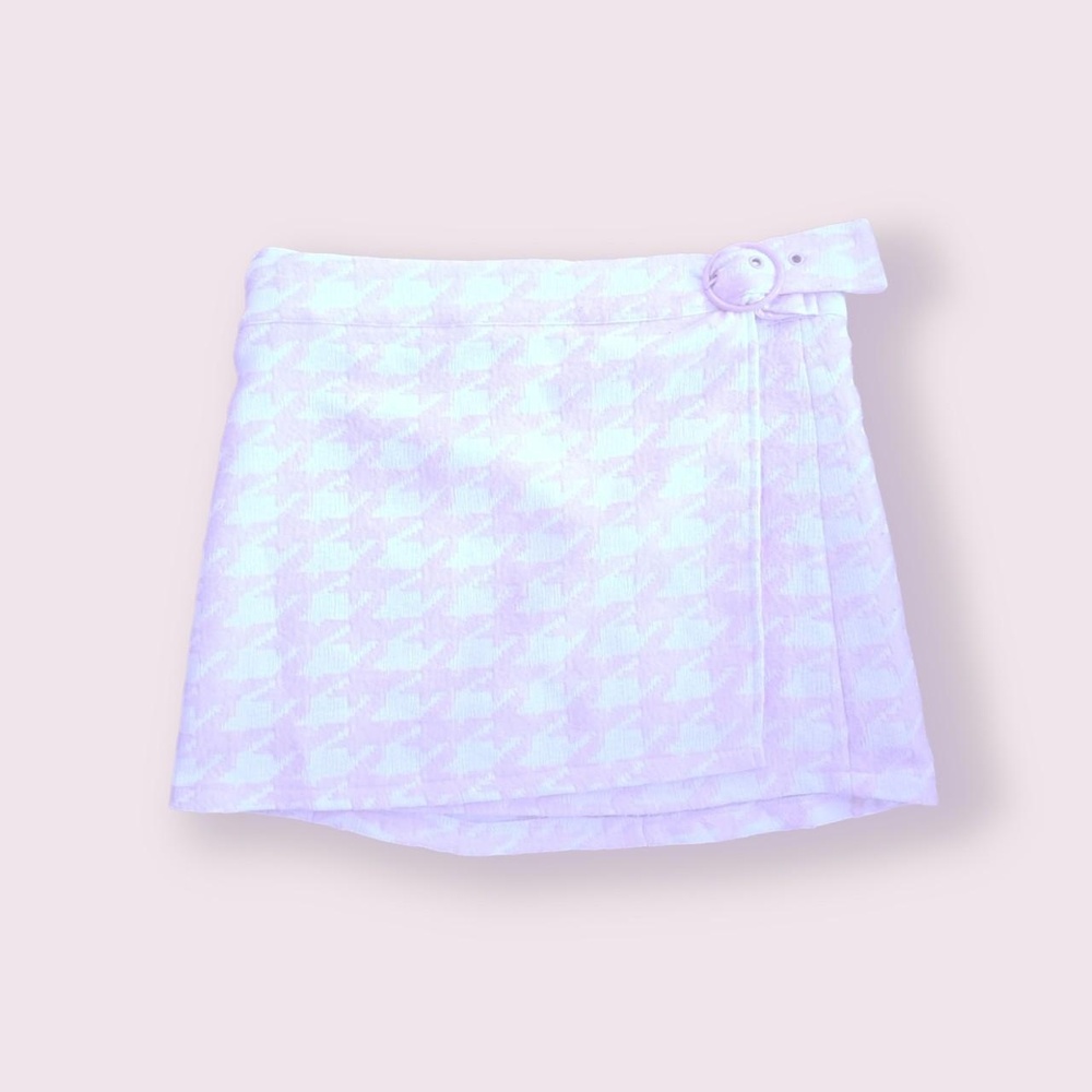 Tweed mini skirt, soft pink tweed houndstooth wrap skirt with built in belt and